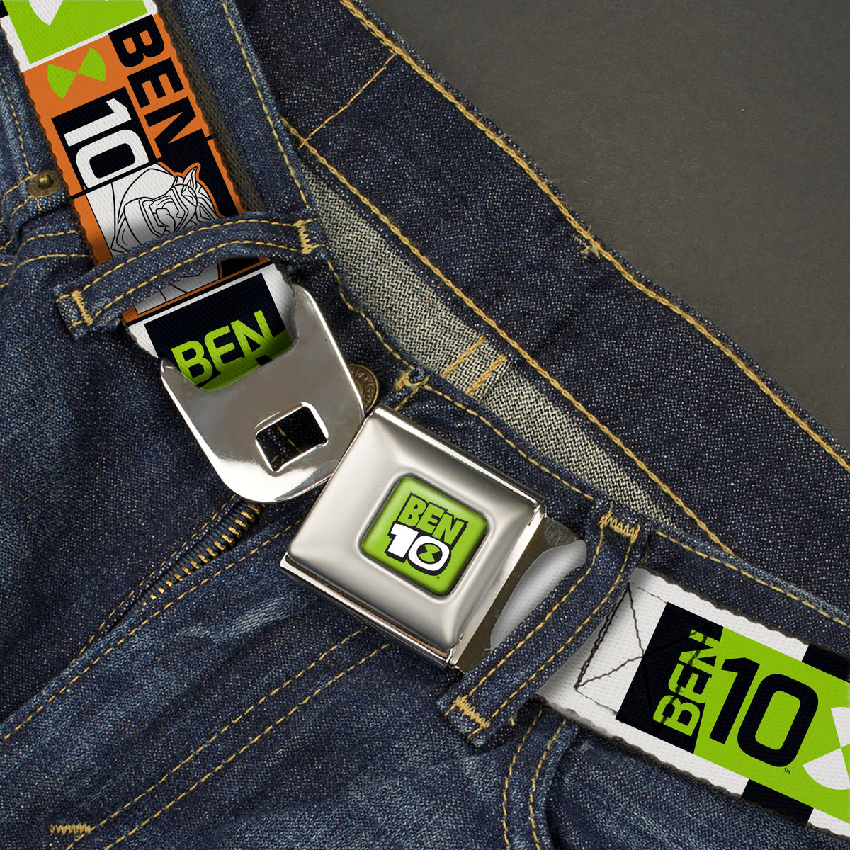 BEN 10 Title Logo Full Color Green/Black/White Seatbelt Belt - BEN 10 Rath and Title Logo Blocks Orange/Green/Black/White Webbing Seatbelt Belts Ben 10