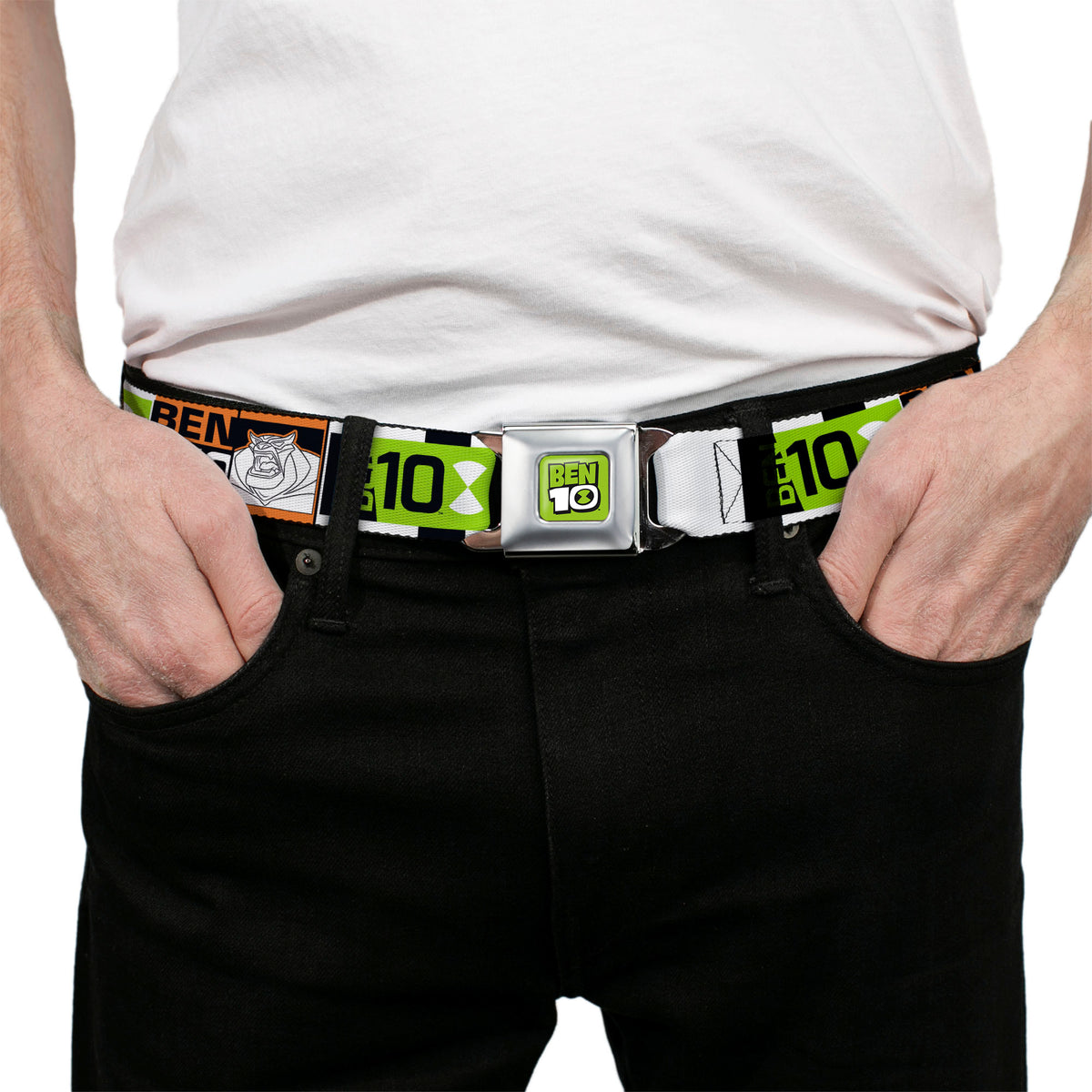 BEN 10 Title Logo Full Color Green/Black/White Seatbelt Belt - BEN 10 Rath and Title Logo Blocks Orange/Green/Black/White Webbing Seatbelt Belts Ben 10