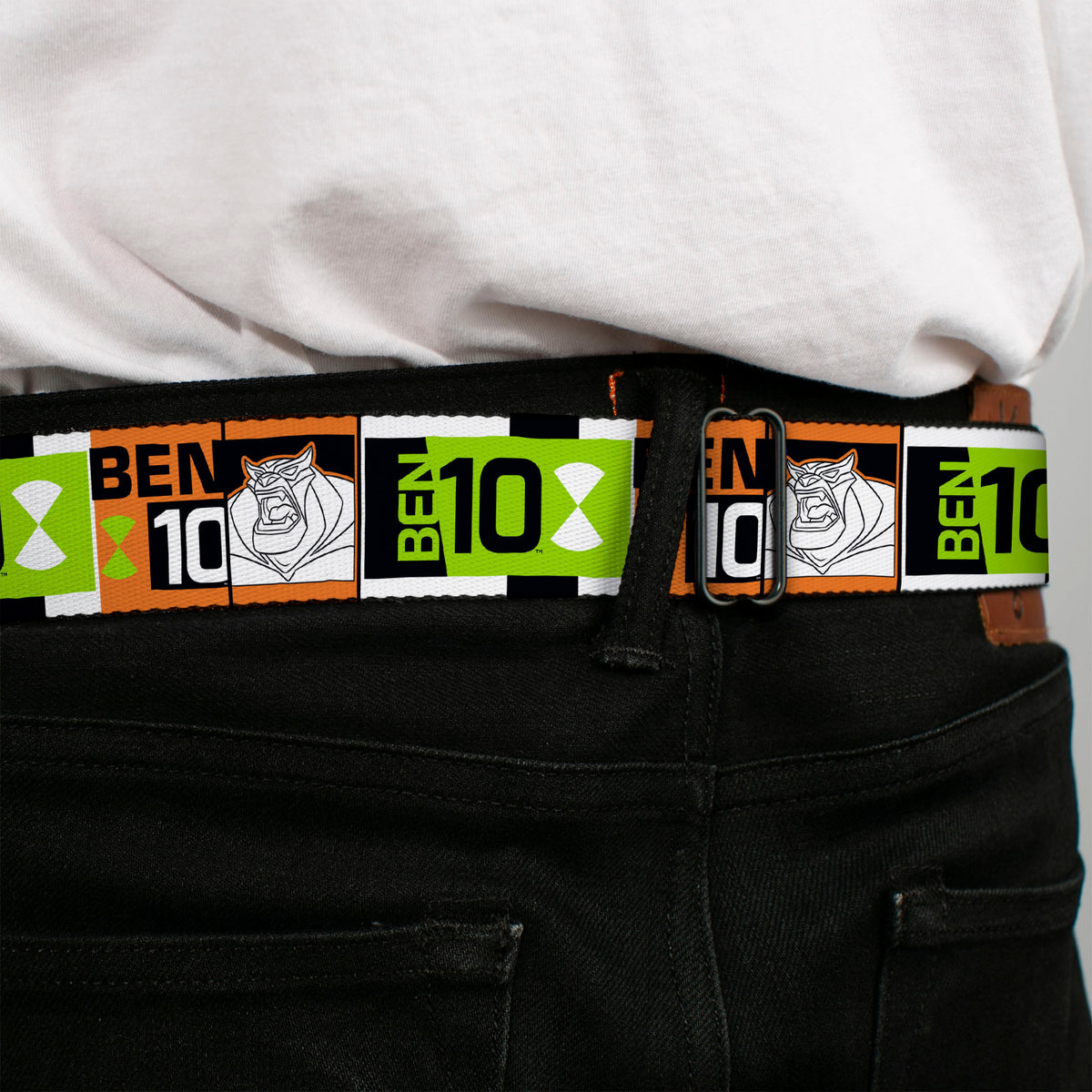 BEN 10 Title Logo Full Color Green/Black/White Seatbelt Belt - BEN 10 Rath and Title Logo Blocks Orange/Green/Black/White Webbing Seatbelt Belts Ben 10