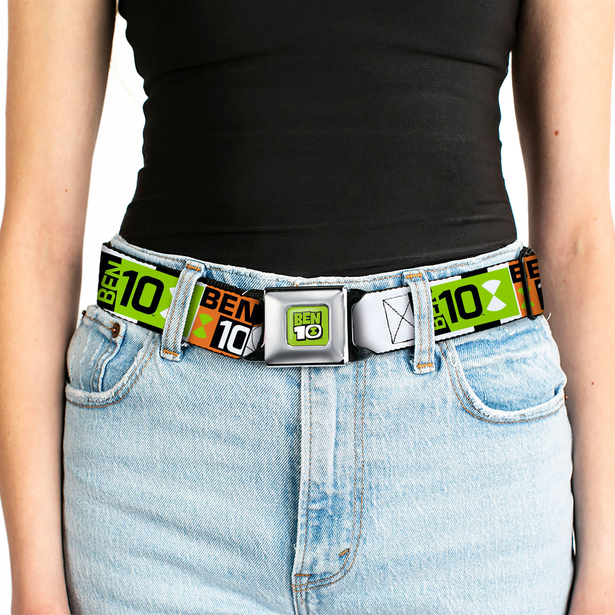 BEN 10 Title Logo Full Color Green/Black/White Seatbelt Belt - BEN 10 Rath and Title Logo Blocks Orange/Green/Black/White Webbing Seatbelt Belts Ben 10