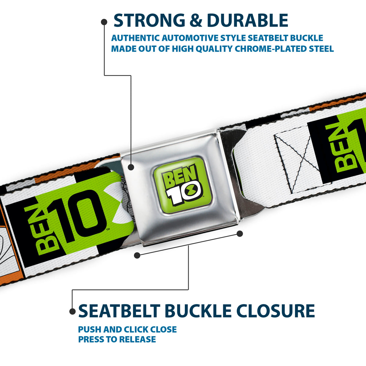 BEN 10 Title Logo Full Color Green/Black/White Seatbelt Belt - BEN 10 Rath and Title Logo Blocks Orange/Green/Black/White Webbing Seatbelt Belts Ben 10