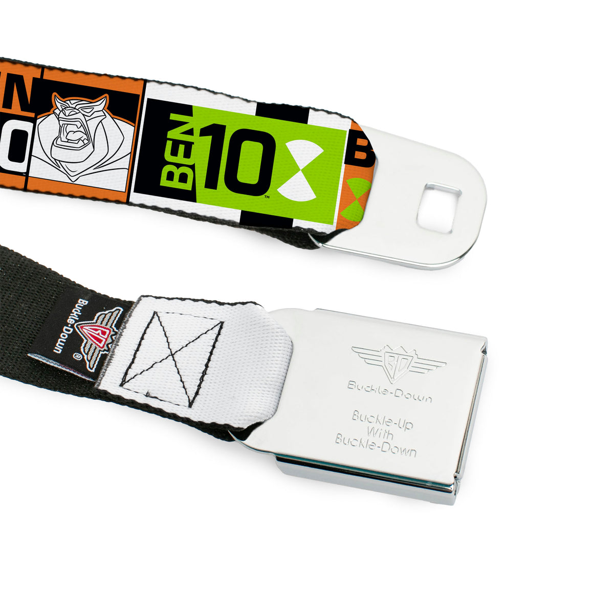 BEN 10 Title Logo Full Color Green/Black/White Seatbelt Belt - BEN 10 Rath and Title Logo Blocks Orange/Green/Black/White Webbing Seatbelt Belts Ben 10