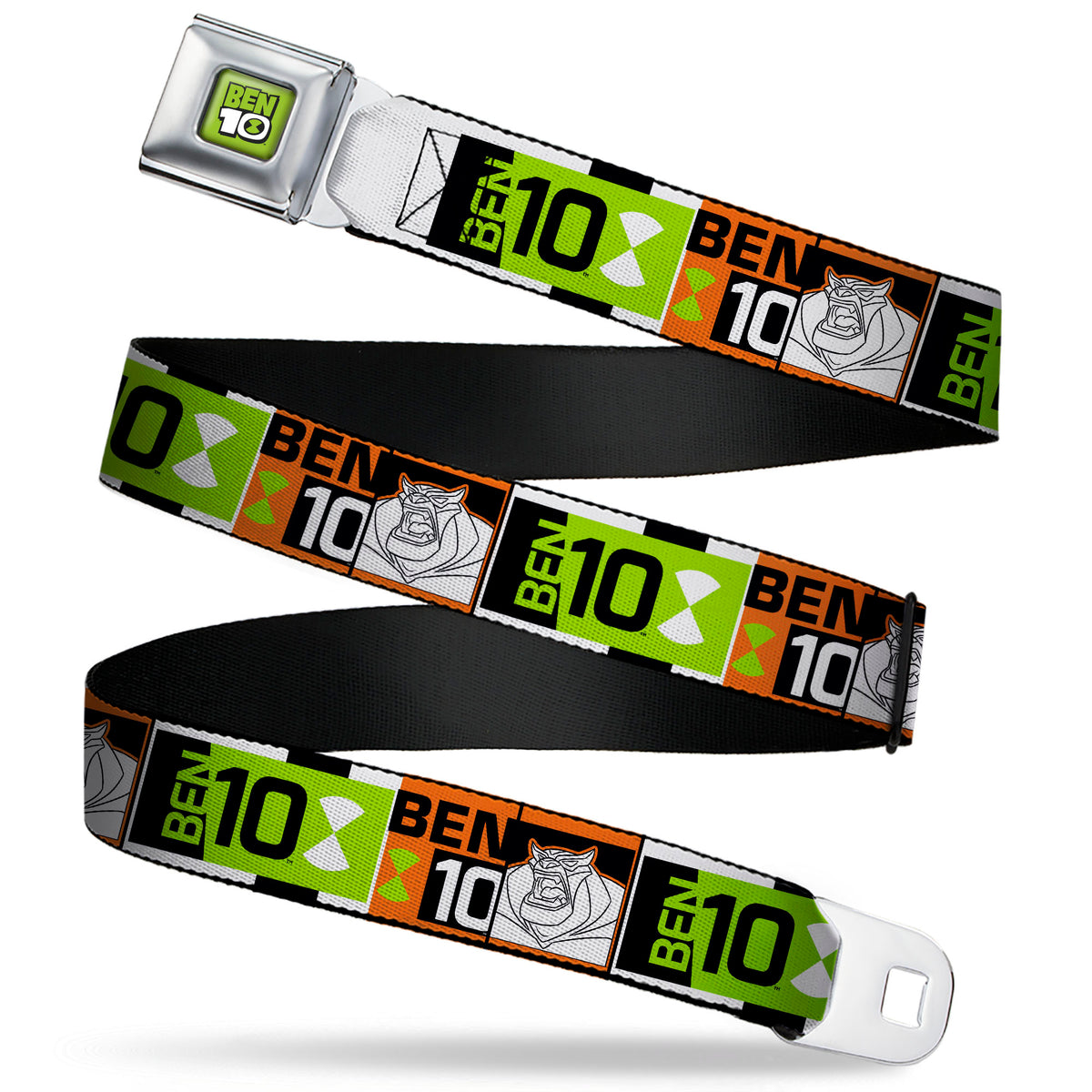 BEN 10 Title Logo Full Color Green/Black/White Seatbelt Belt - BEN 10 Rath and Title Logo Blocks Orange/Green/Black/White Webbing Seatbelt Belts Ben 10