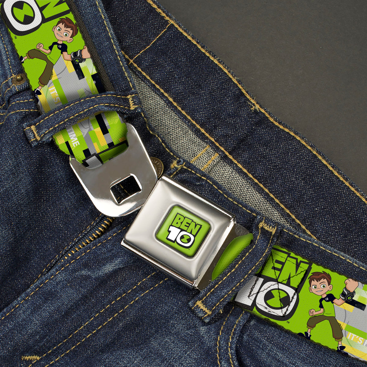 BEN 10 Title Logo Full Color Green/Black/White Seatbelt Belt - BEN 10 Pose and Title Logo Green/Yellow/Black/White Webbing Seatbelt Belts Ben 10