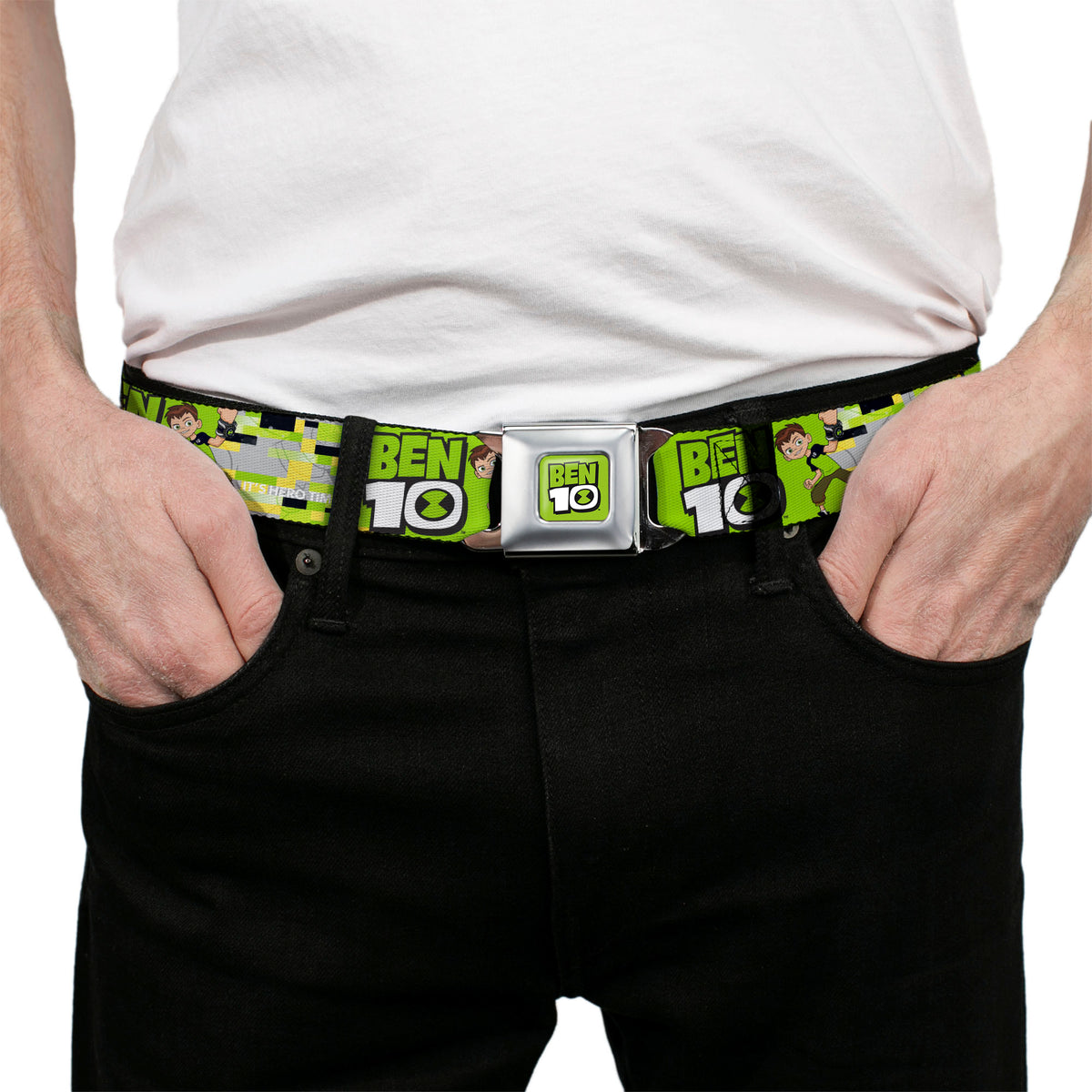 BEN 10 Title Logo Full Color Green/Black/White Seatbelt Belt - BEN 10 Pose and Title Logo Green/Yellow/Black/White Webbing Seatbelt Belts Ben 10