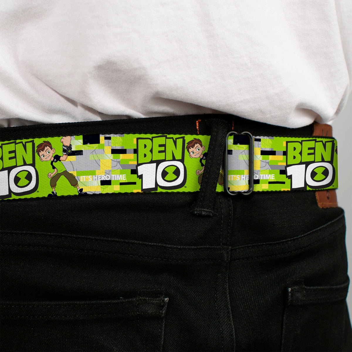 BEN 10 Title Logo Full Color Green/Black/White Seatbelt Belt - BEN 10 Pose and Title Logo Green/Yellow/Black/White Webbing Seatbelt Belts Ben 10