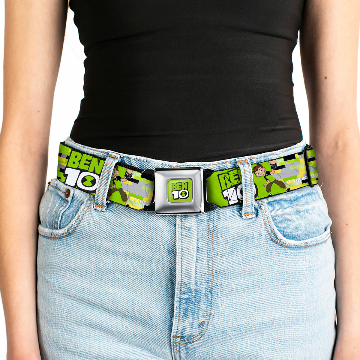 BEN 10 Title Logo Full Color Green/Black/White Seatbelt Belt - BEN 10 Pose and Title Logo Green/Yellow/Black/White Webbing Seatbelt Belts Ben 10