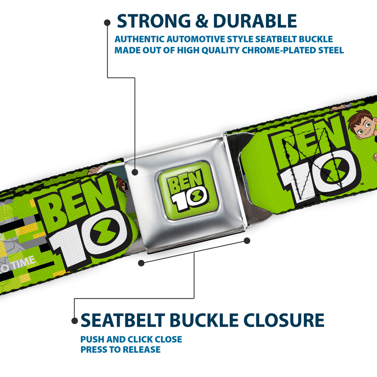 BEN 10 Title Logo Full Color Green/Black/White Seatbelt Belt - BEN 10 Pose and Title Logo Green/Yellow/Black/White Webbing Seatbelt Belts Ben 10
