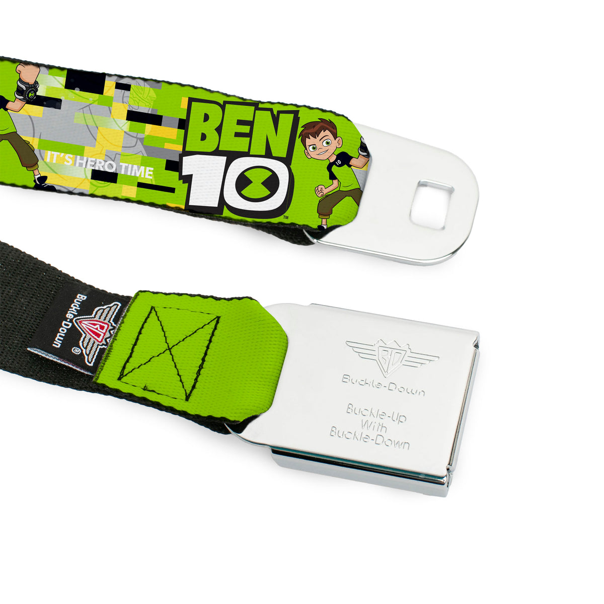 BEN 10 Title Logo Full Color Green/Black/White Seatbelt Belt - BEN 10 Pose and Title Logo Green/Yellow/Black/White Webbing Seatbelt Belts Ben 10