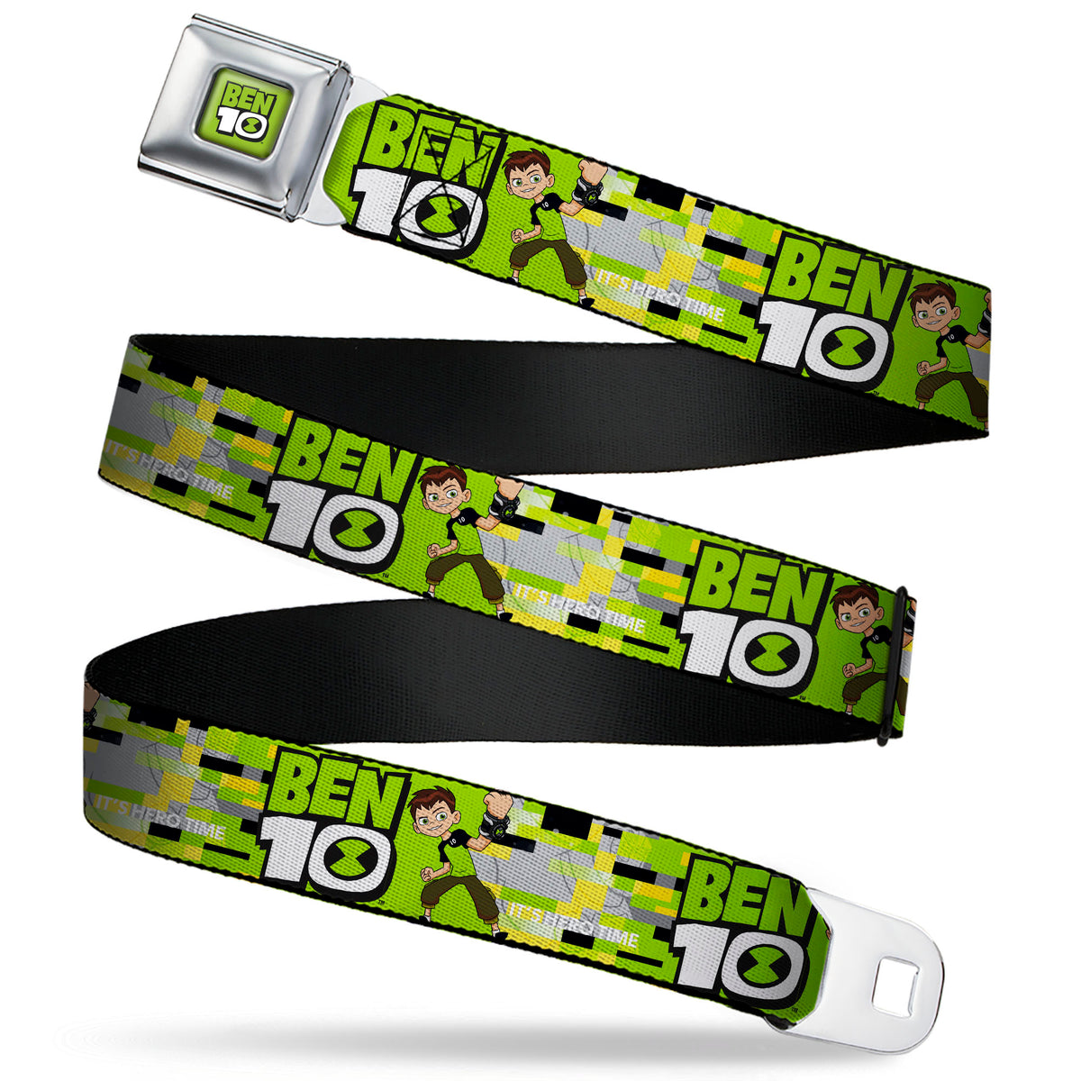 BEN 10 Title Logo Full Color Green/Black/White Seatbelt Belt - BEN 10 Pose and Title Logo Green/Yellow/Black/White Webbing Seatbelt Belts Ben 10