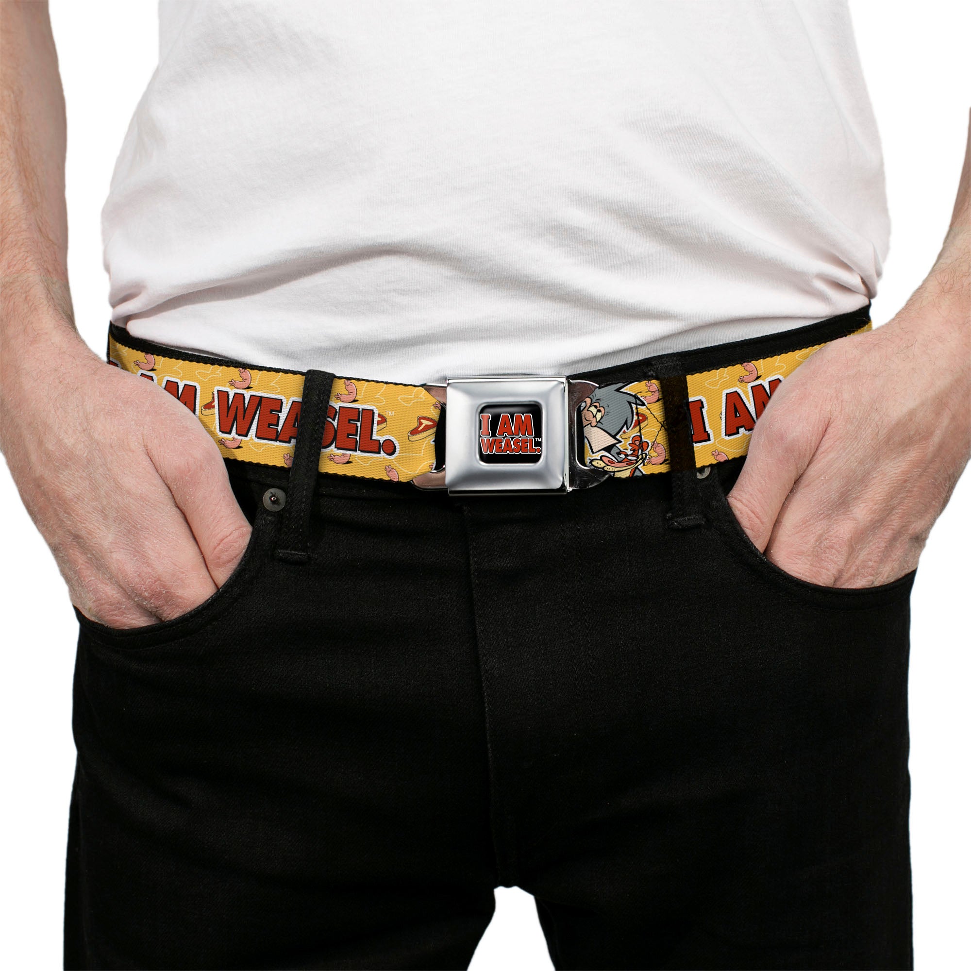 I AM WEASEL Title Logo Full Color Black/White/Red Seatbelt Belt - I AM WEASEL Title Logo with IM Weasel and IR Baboon Pose Yellows Webbing Seatbelt Belts I Am Weasel