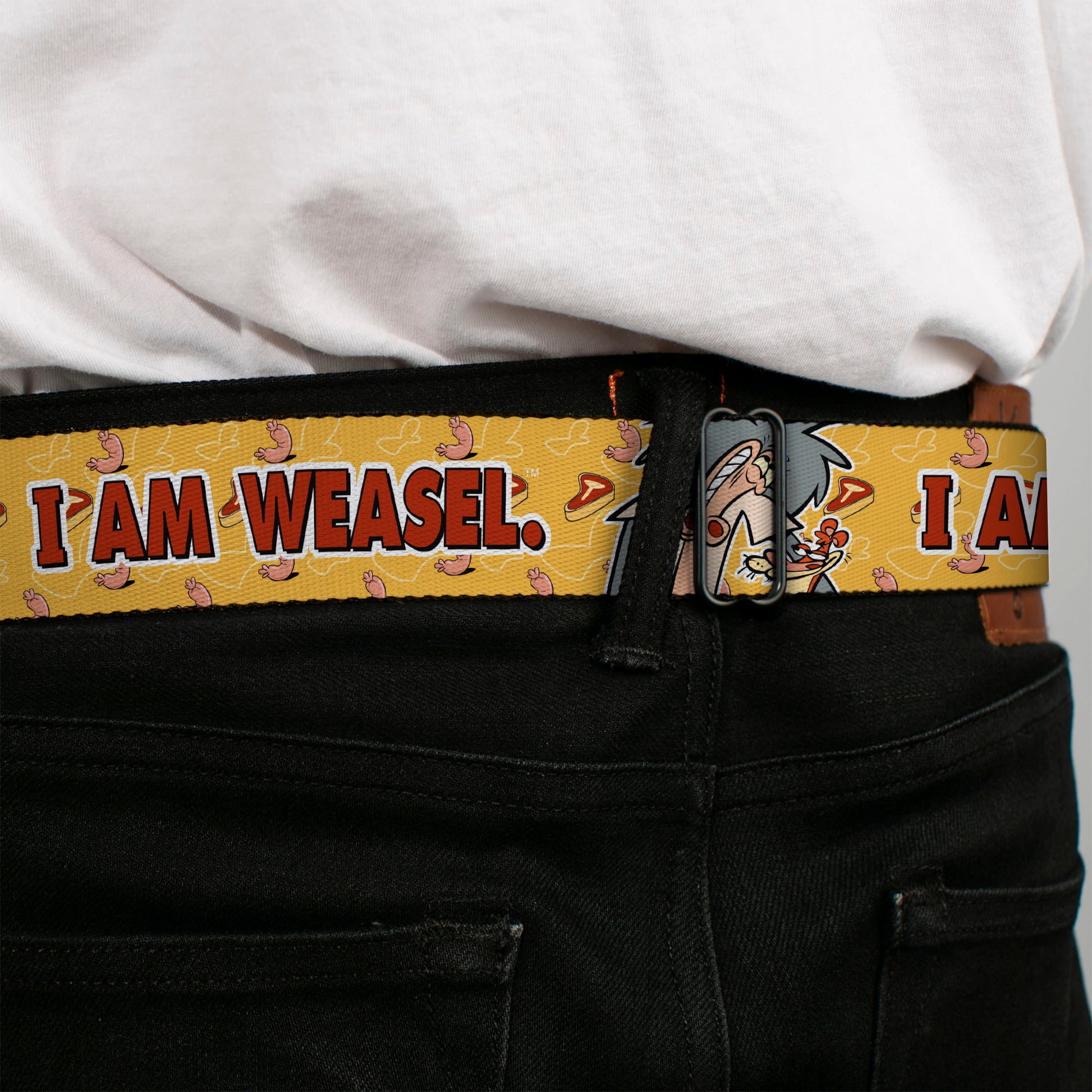 I AM WEASEL Title Logo Full Color Black/White/Red Seatbelt Belt - I AM WEASEL Title Logo with IM Weasel and IR Baboon Pose Yellows Webbing Seatbelt Belts I Am Weasel