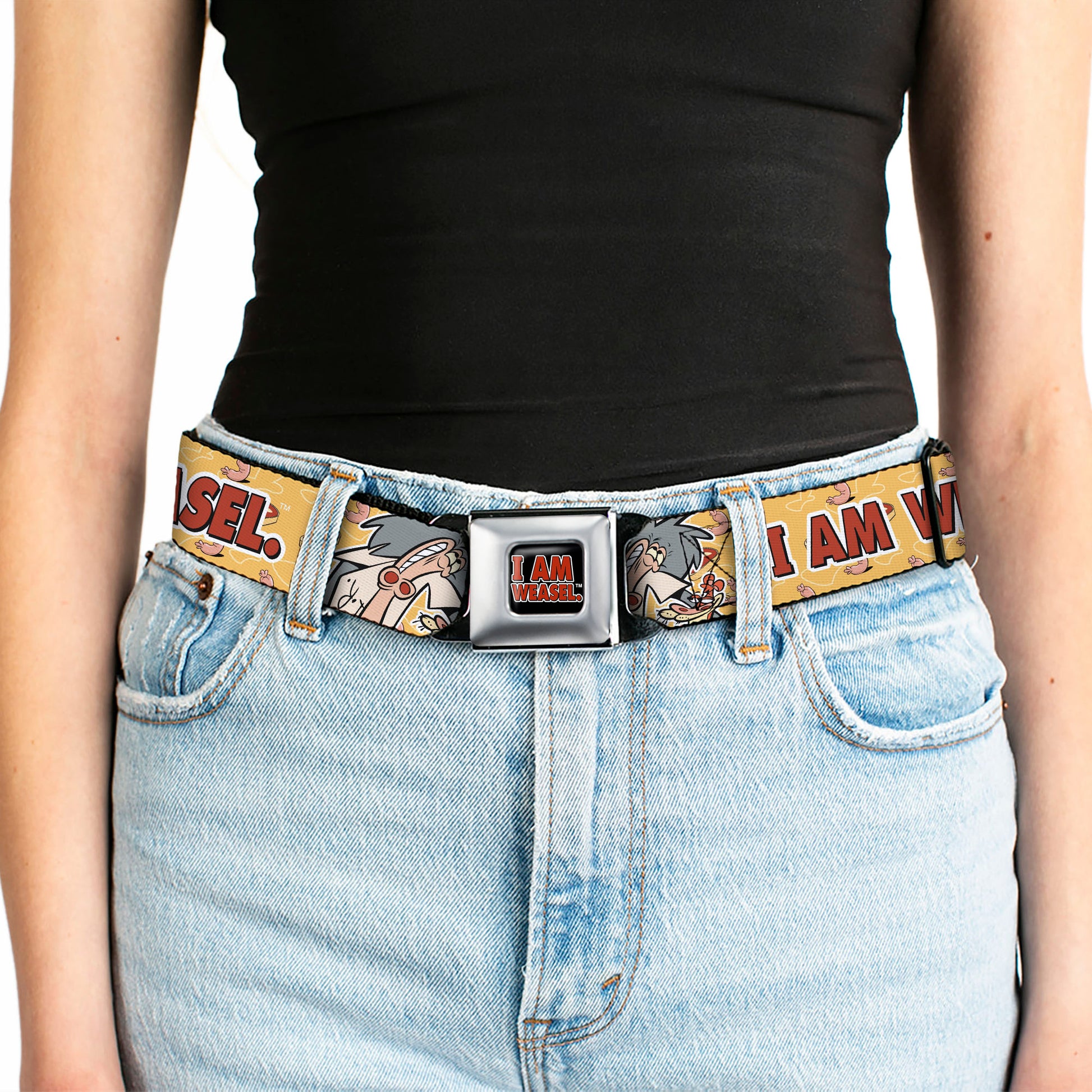 I AM WEASEL Title Logo Full Color Black/White/Red Seatbelt Belt - I AM WEASEL Title Logo with IM Weasel and IR Baboon Pose Yellows Webbing Seatbelt Belts I Am Weasel