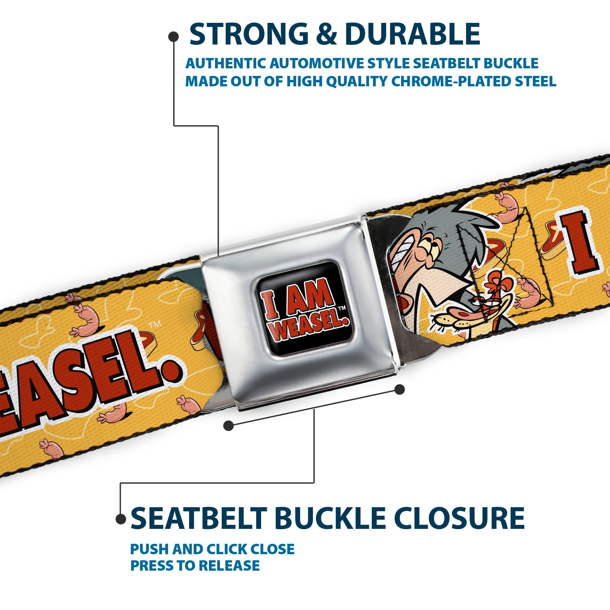 I AM WEASEL Title Logo Full Color Black/White/Red Seatbelt Belt - I AM WEASEL Title Logo with IM Weasel and IR Baboon Pose Yellows Webbing Seatbelt Belts I Am Weasel