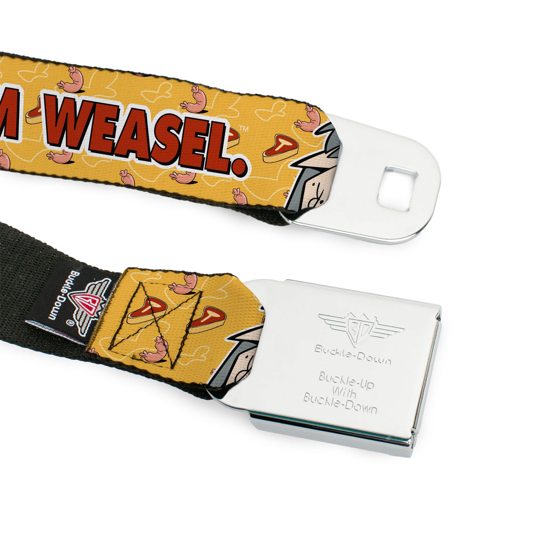 I AM WEASEL Title Logo Full Color Black/White/Red Seatbelt Belt - I AM WEASEL Title Logo with IM Weasel and IR Baboon Pose Yellows Webbing Seatbelt Belts I Am Weasel