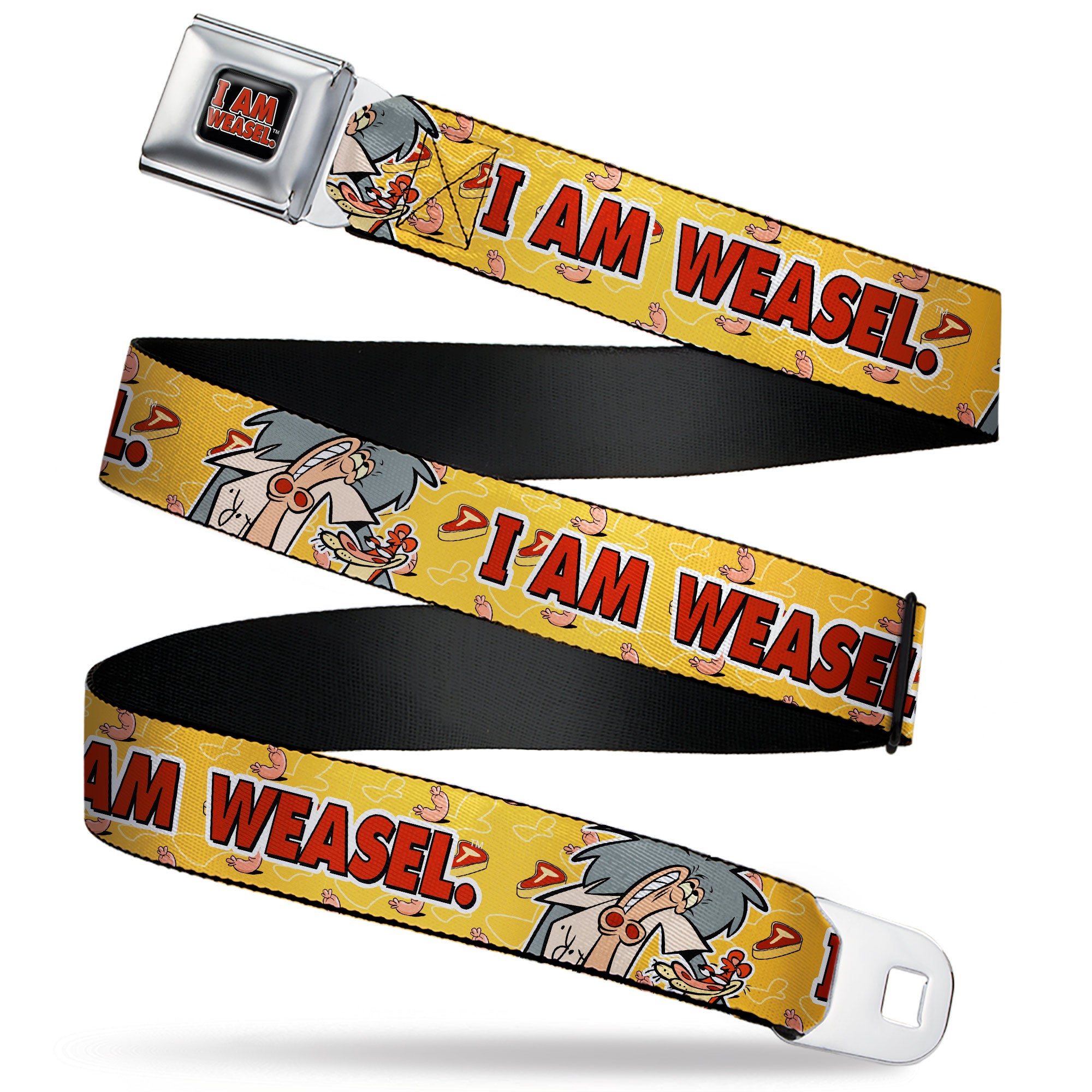 I AM WEASEL Title Logo Full Color Black/White/Red Seatbelt Belt - I AM WEASEL Title Logo with IM Weasel and IR Baboon Pose Yellows Webbing Seatbelt Belts I Am Weasel