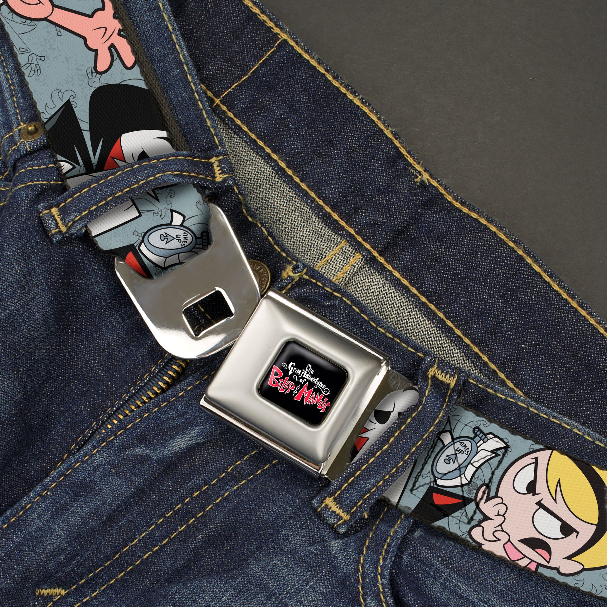 THE GRIM ADVENTURES OF BILLY & MANDY Title Logo Full Color Black/White/Red Seatbelt Belt - The Grim Adventures of Billy & Mandy Group Pose Gray Webbing Seatbelt Belts The Grim Adventures of Billy & Mandy
