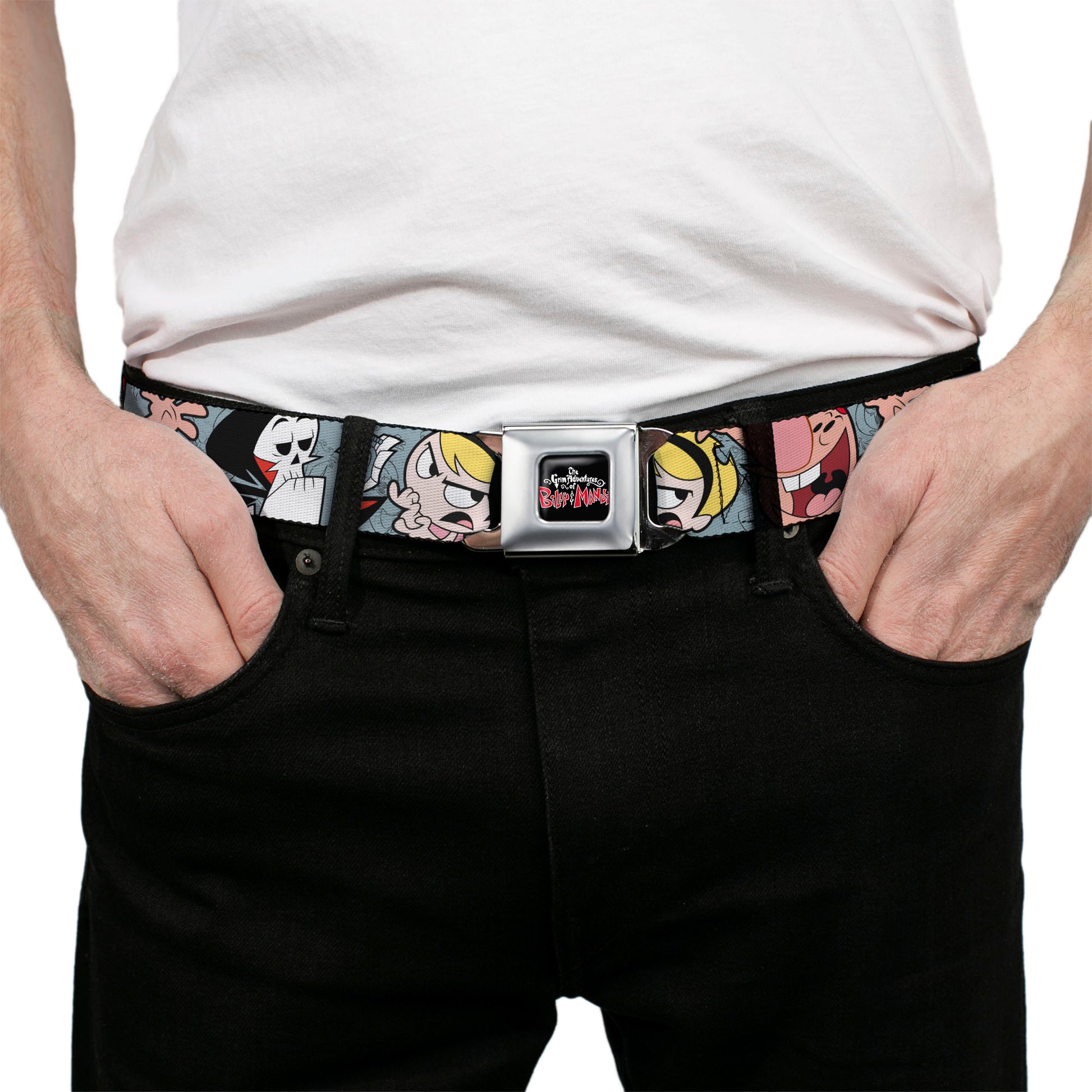 THE GRIM ADVENTURES OF BILLY & MANDY Title Logo Full Color Black/White/Red Seatbelt Belt - The Grim Adventures of Billy & Mandy Group Pose Gray Webbing Seatbelt Belts The Grim Adventures of Billy & Mandy