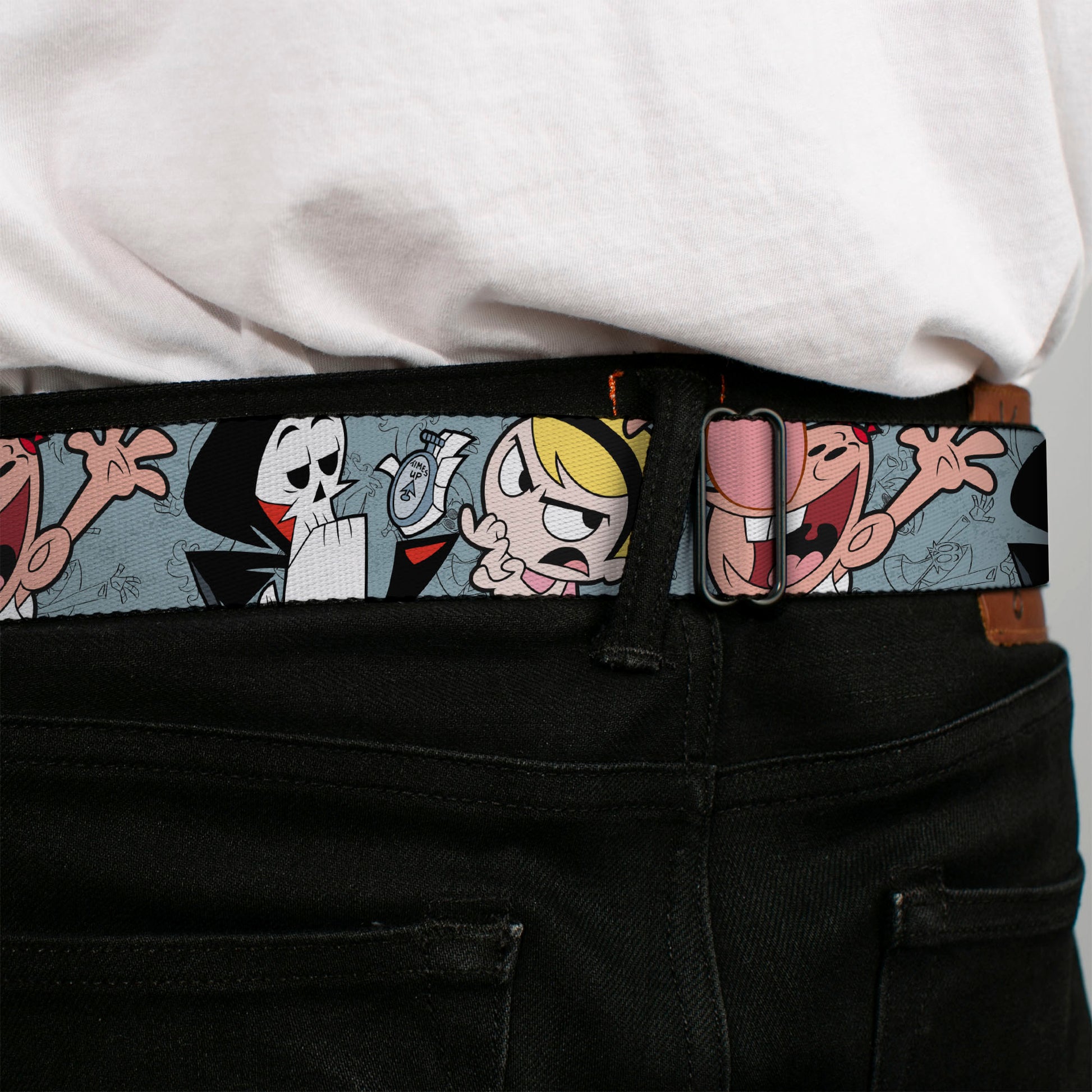 THE GRIM ADVENTURES OF BILLY & MANDY Title Logo Full Color Black/White/Red Seatbelt Belt - The Grim Adventures of Billy & Mandy Group Pose Gray Webbing Seatbelt Belts The Grim Adventures of Billy & Mandy