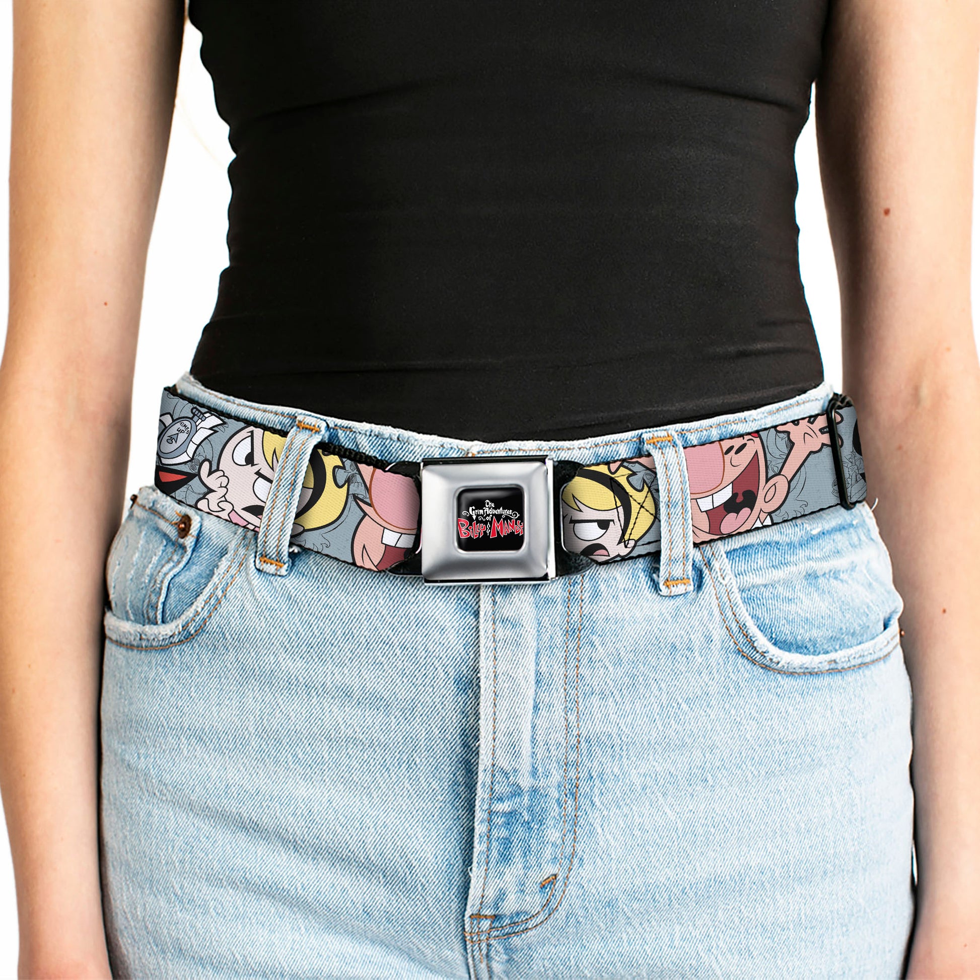 THE GRIM ADVENTURES OF BILLY & MANDY Title Logo Full Color Black/White/Red Seatbelt Belt - The Grim Adventures of Billy & Mandy Group Pose Gray Webbing Seatbelt Belts The Grim Adventures of Billy & Mandy