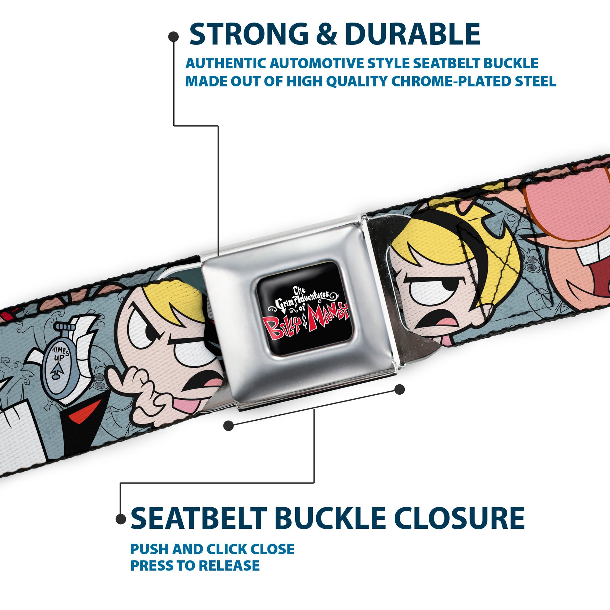 THE GRIM ADVENTURES OF BILLY & MANDY Title Logo Full Color Black/White/Red Seatbelt Belt - The Grim Adventures of Billy & Mandy Group Pose Gray Webbing Seatbelt Belts The Grim Adventures of Billy & Mandy