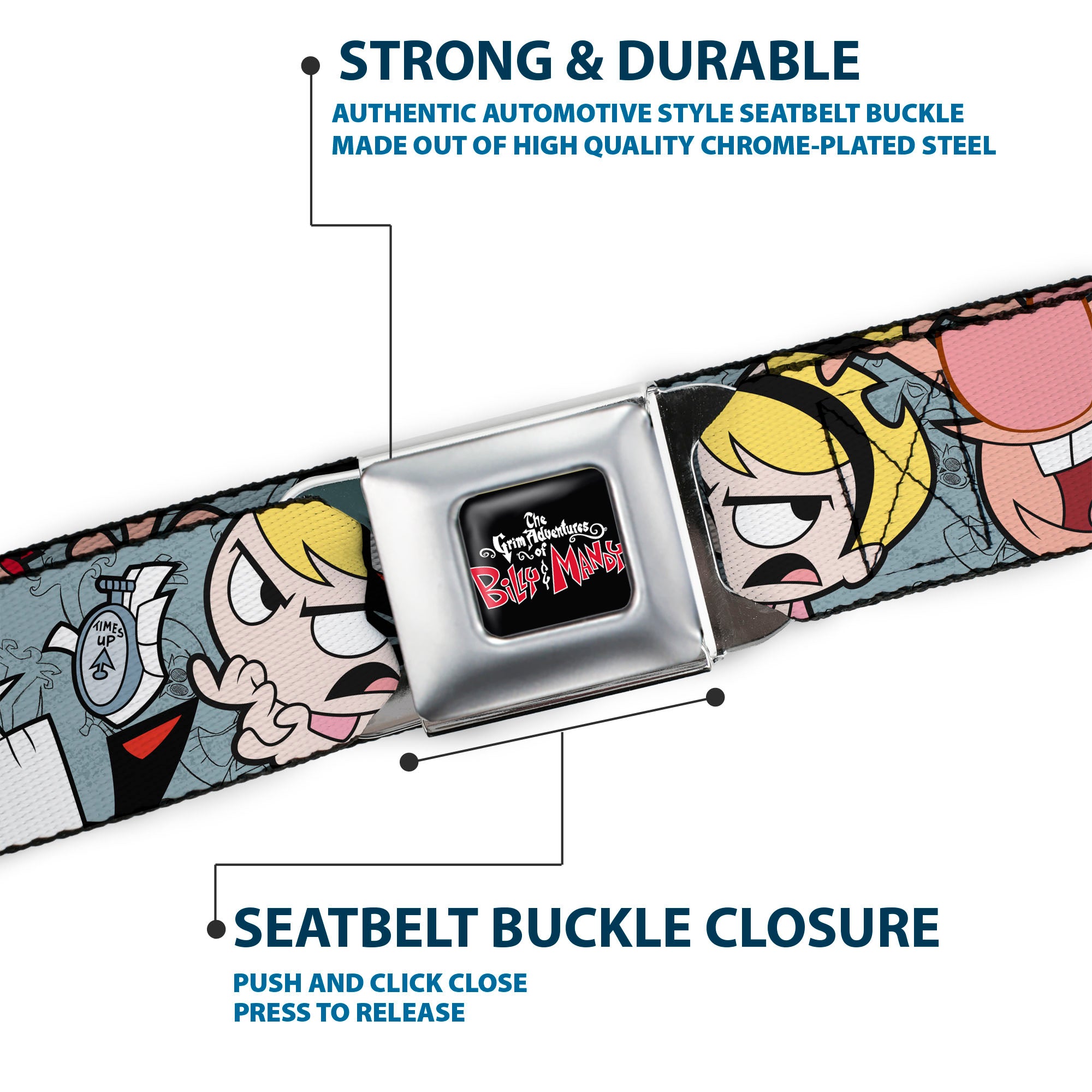 THE GRIM ADVENTURES OF BILLY & MANDY Title Logo Full Color Black/White/Red Seatbelt Belt - The Grim Adventures of Billy & Mandy Group Pose Gray Webbing Seatbelt Belts The Grim Adventures of Billy & Mandy