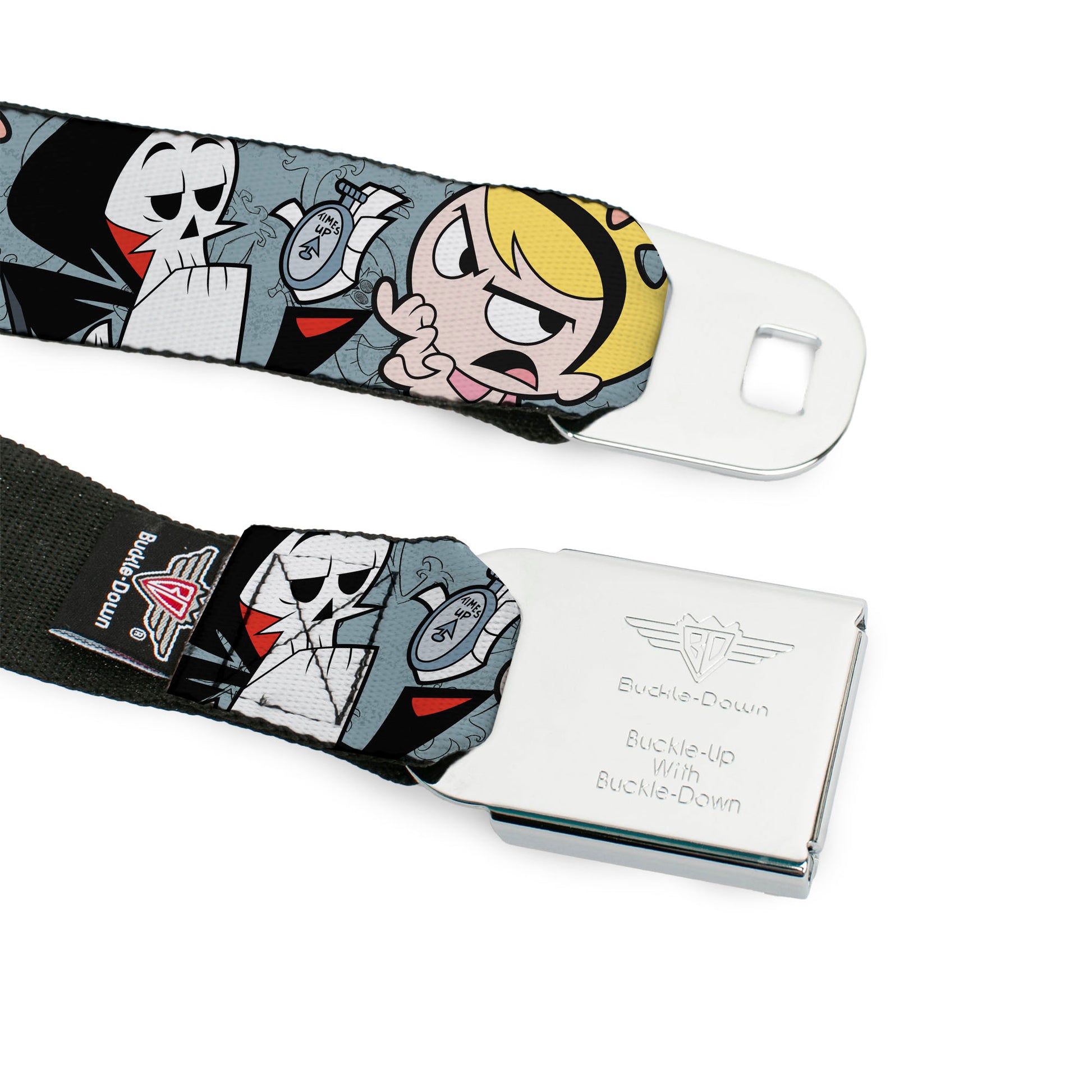 THE GRIM ADVENTURES OF BILLY & MANDY Title Logo Full Color Black/White/Red Seatbelt Belt - The Grim Adventures of Billy & Mandy Group Pose Gray Webbing Seatbelt Belts The Grim Adventures of Billy & Mandy