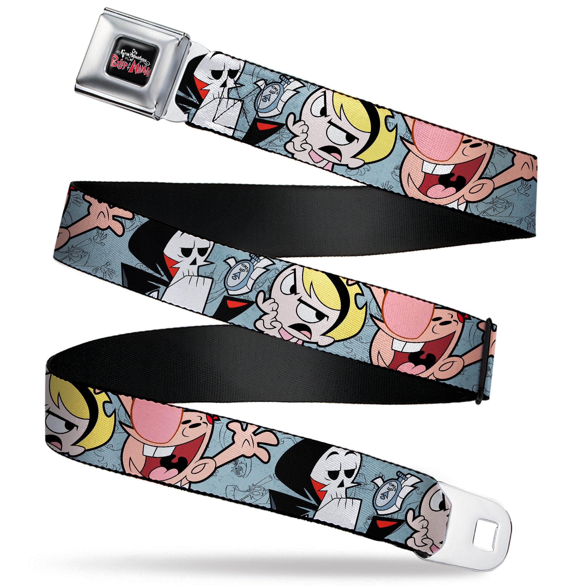 THE GRIM ADVENTURES OF BILLY & MANDY Title Logo Full Color Black/White/Red Seatbelt Belt - The Grim Adventures of Billy & Mandy Group Pose Gray Webbing Seatbelt Belts The Grim Adventures of Billy & Mandy