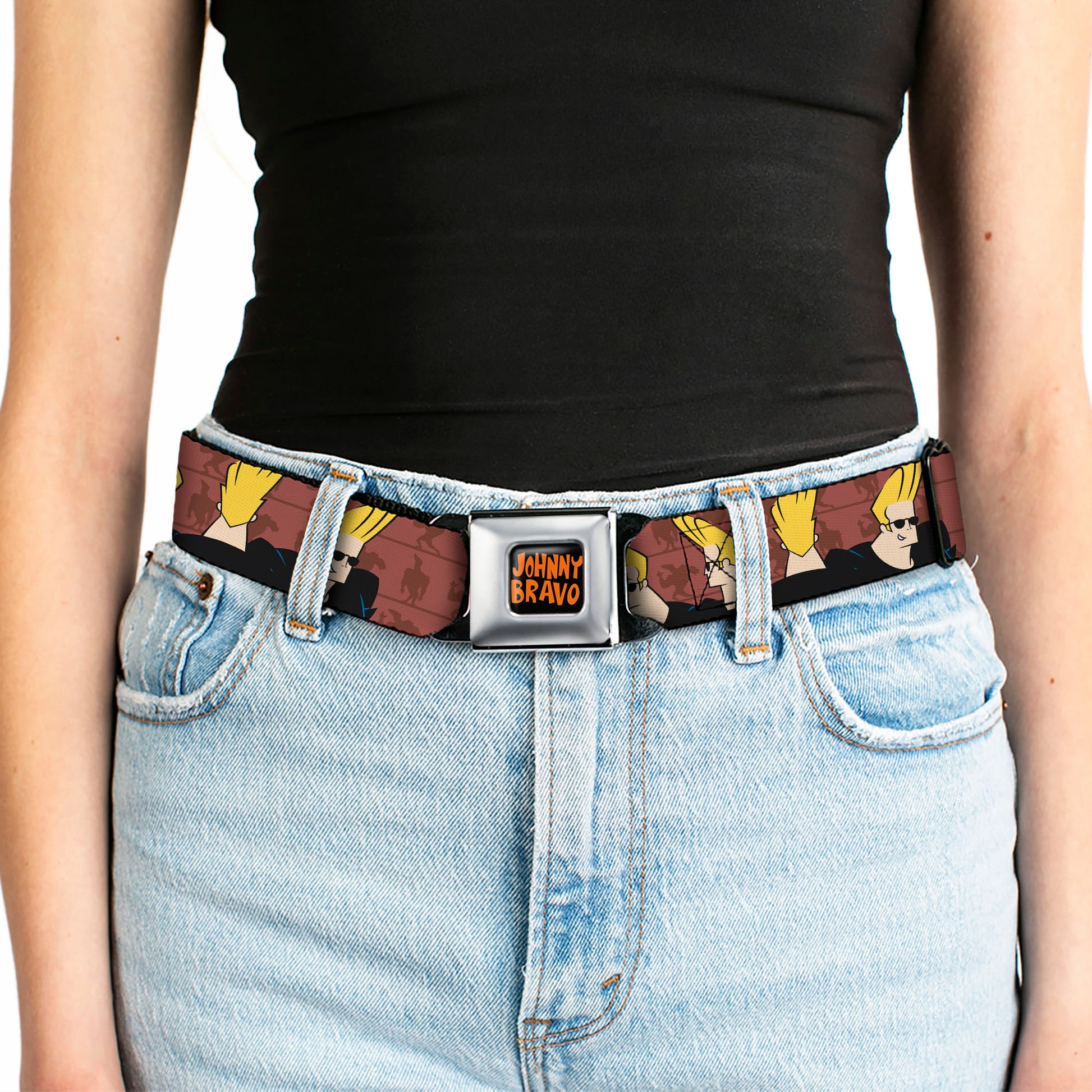 JOHNNY BRAVO Title Logo Full Color Black/Red Seatbelt Belt - Johnny Bravo Pose Turns Browns Webbing Seatbelt Belts Johnny Bravo