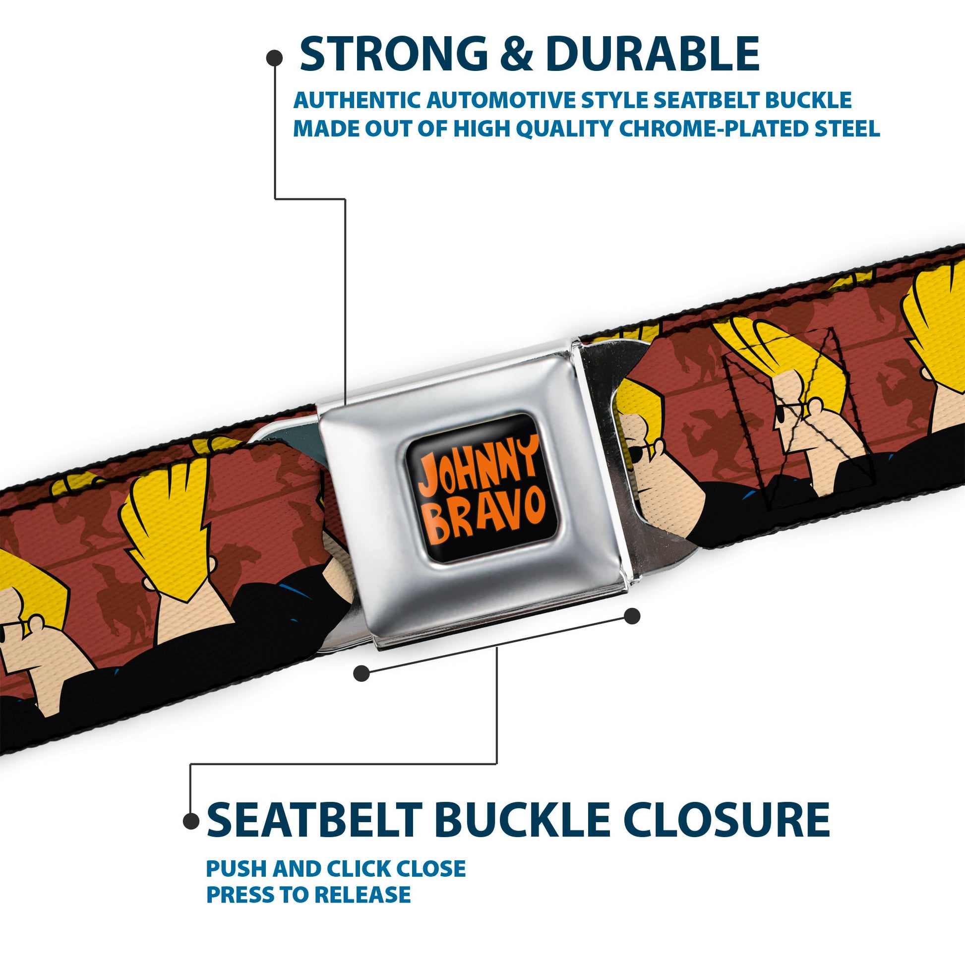 JOHNNY BRAVO Title Logo Full Color Black/Red Seatbelt Belt - Johnny Bravo Pose Turns Browns Webbing Seatbelt Belts Johnny Bravo