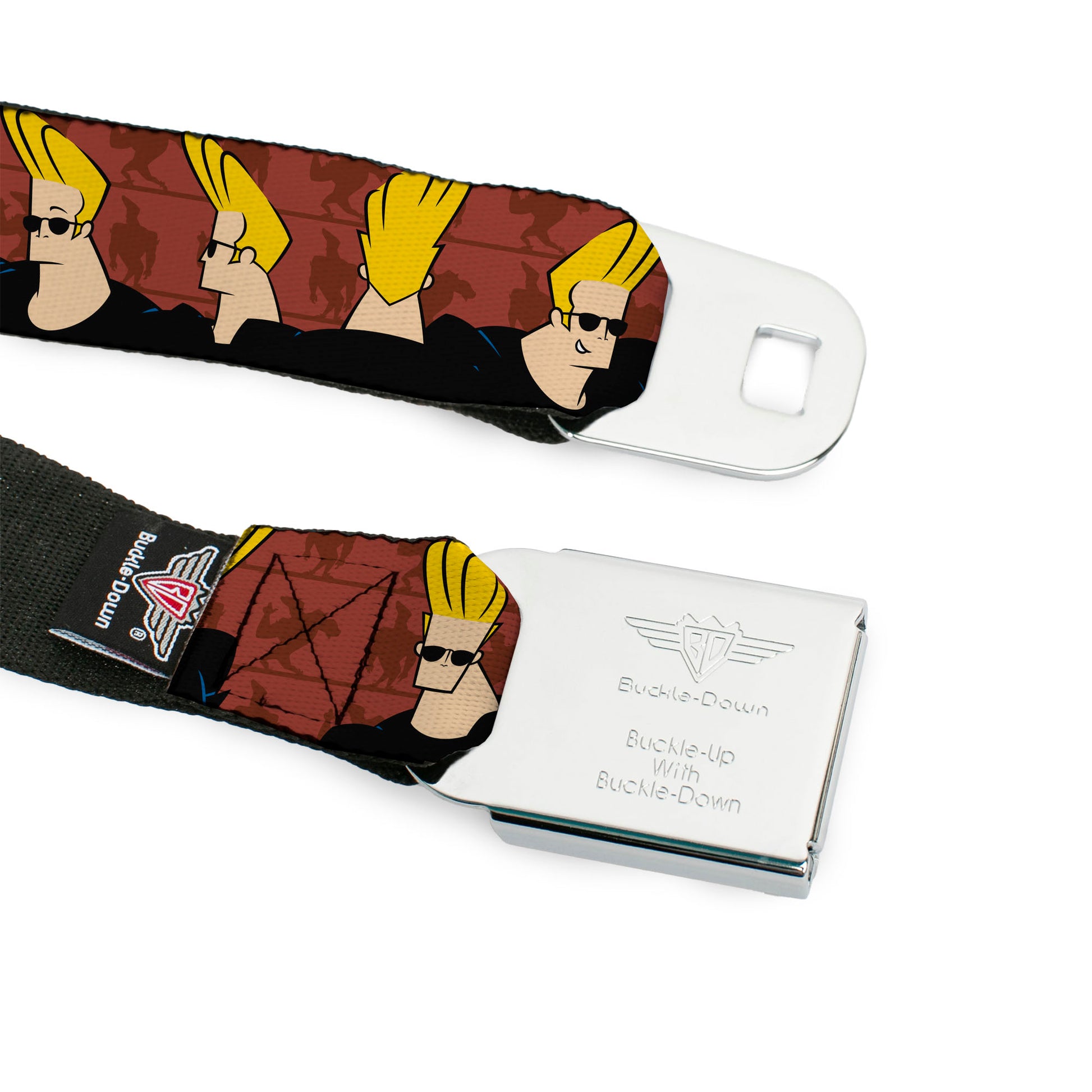 JOHNNY BRAVO Title Logo Full Color Black/Red Seatbelt Belt - Johnny Bravo Pose Turns Browns Webbing Seatbelt Belts Johnny Bravo