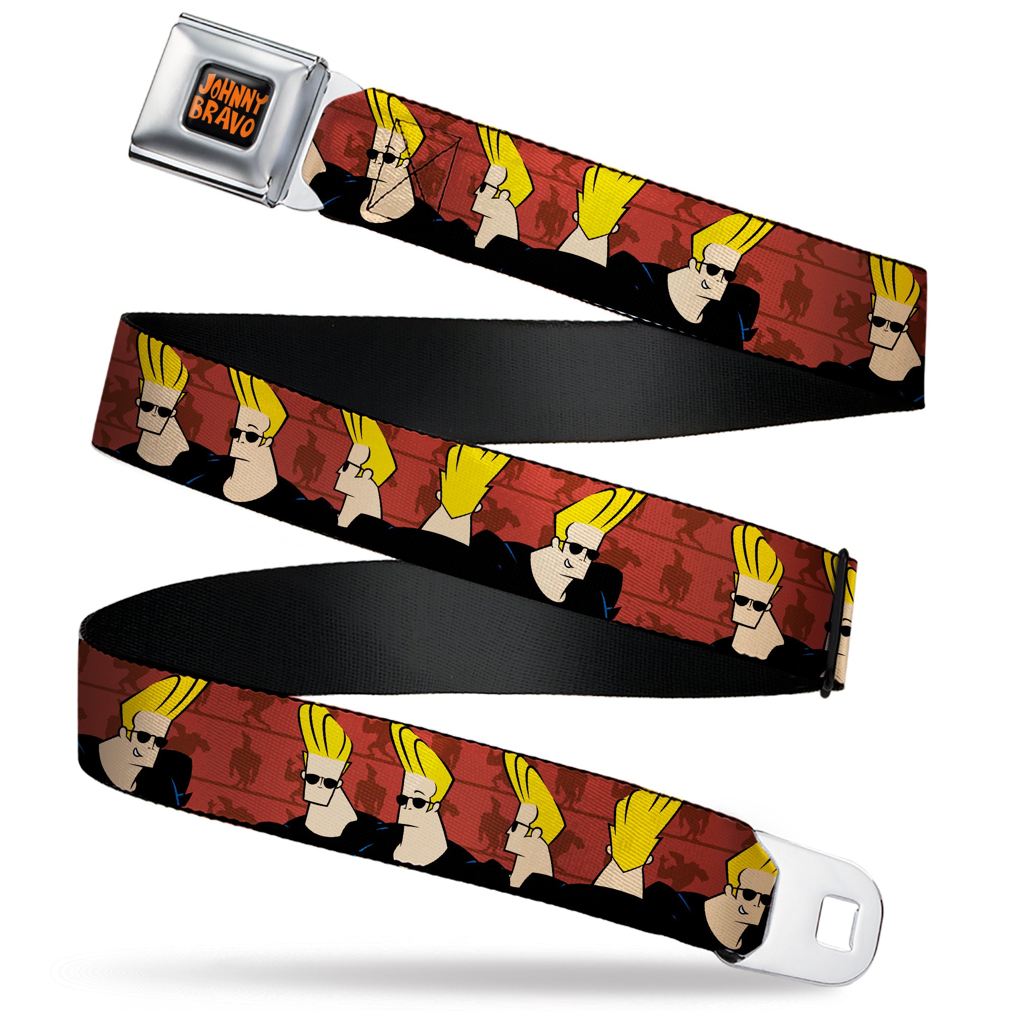 JOHNNY BRAVO Title Logo Full Color Black/Red Seatbelt Belt - Johnny Bravo Pose Turns Browns Webbing Seatbelt Belts Johnny Bravo