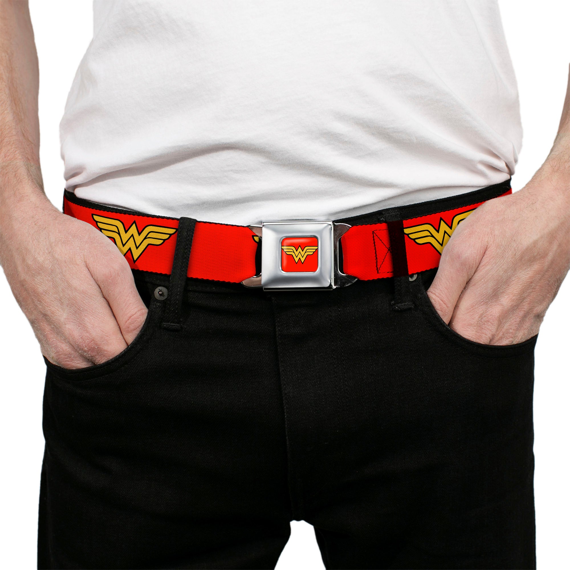 Wonder Woman Logo Full Color Red Seatbelt Belt - Wonder Woman Logo Red Webbing Seatbelt Belts DC Comics