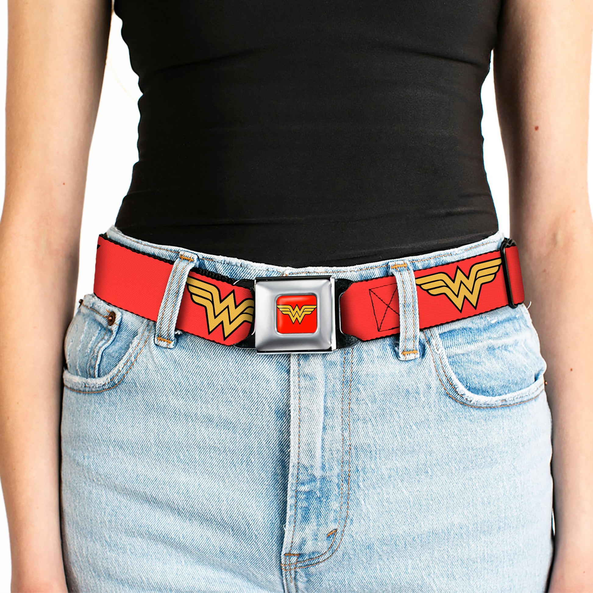 Wonder Woman Logo Full Color Red Seatbelt Belt - Wonder Woman Logo Red Webbing Seatbelt Belts DC Comics