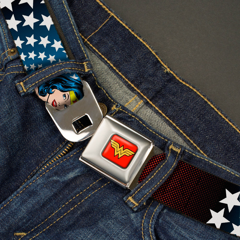 Wonder Woman Logo Full Color Red Seatbelt Belt - Wonder Woman Face w/Stars Webbing Seatbelt Belts DC Comics