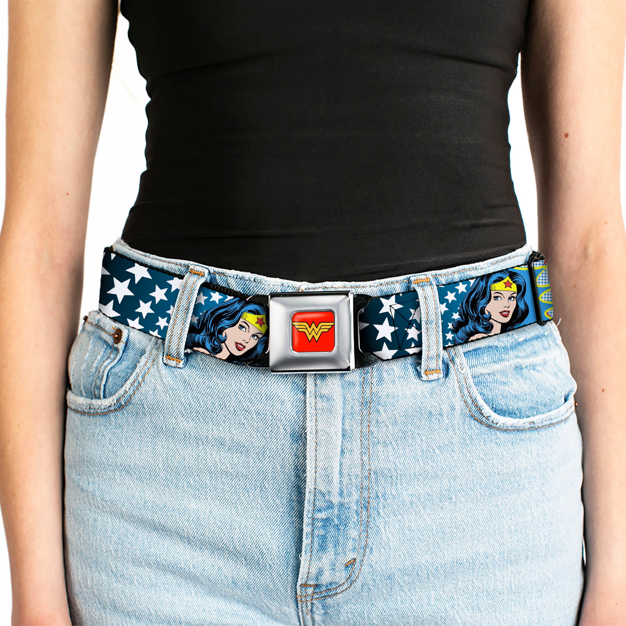 Wonder Woman Logo Full Color Red Seatbelt Belt - Wonder Woman Face w/Stars Webbing Seatbelt Belts DC Comics