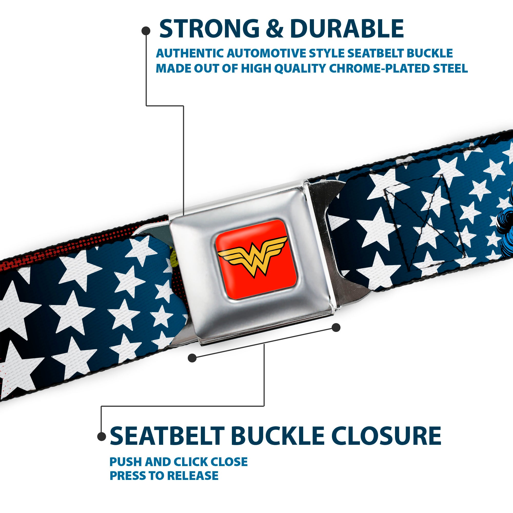 Wonder Woman Logo Full Color Red Seatbelt Belt - Wonder Woman Face w/Stars Webbing Seatbelt Belts DC Comics