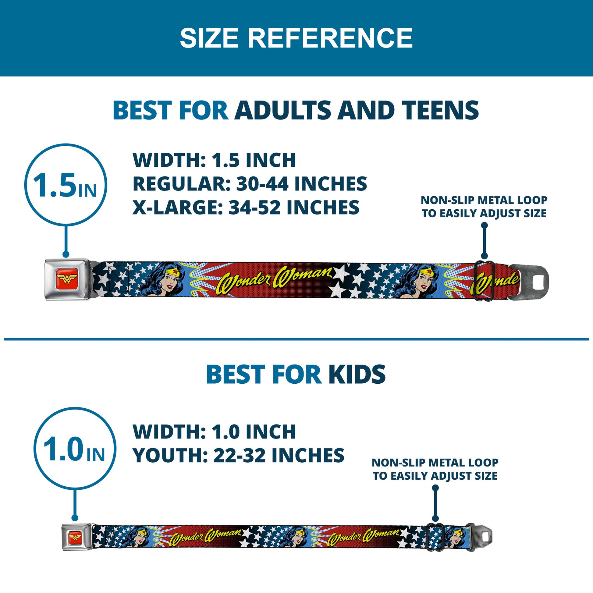 Wonder Woman Logo Full Color Red Seatbelt Belt - Wonder Woman Face w/Stars Webbing Seatbelt Belts DC Comics