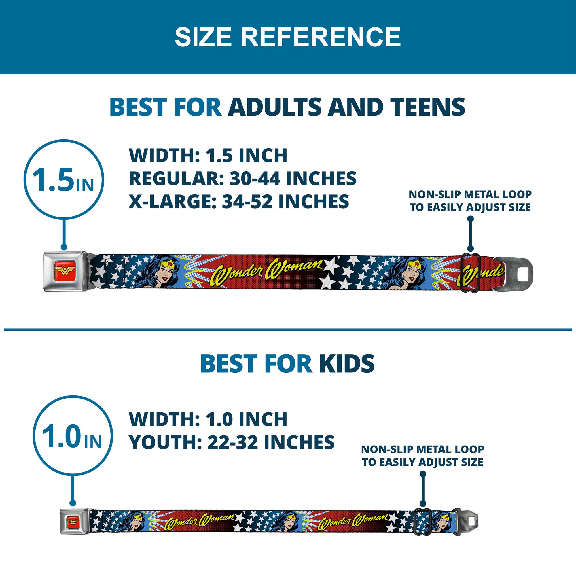 Wonder Woman Logo Full Color Red Seatbelt Belt - Wonder Woman Face w/Stars Webbing Seatbelt Belts DC Comics