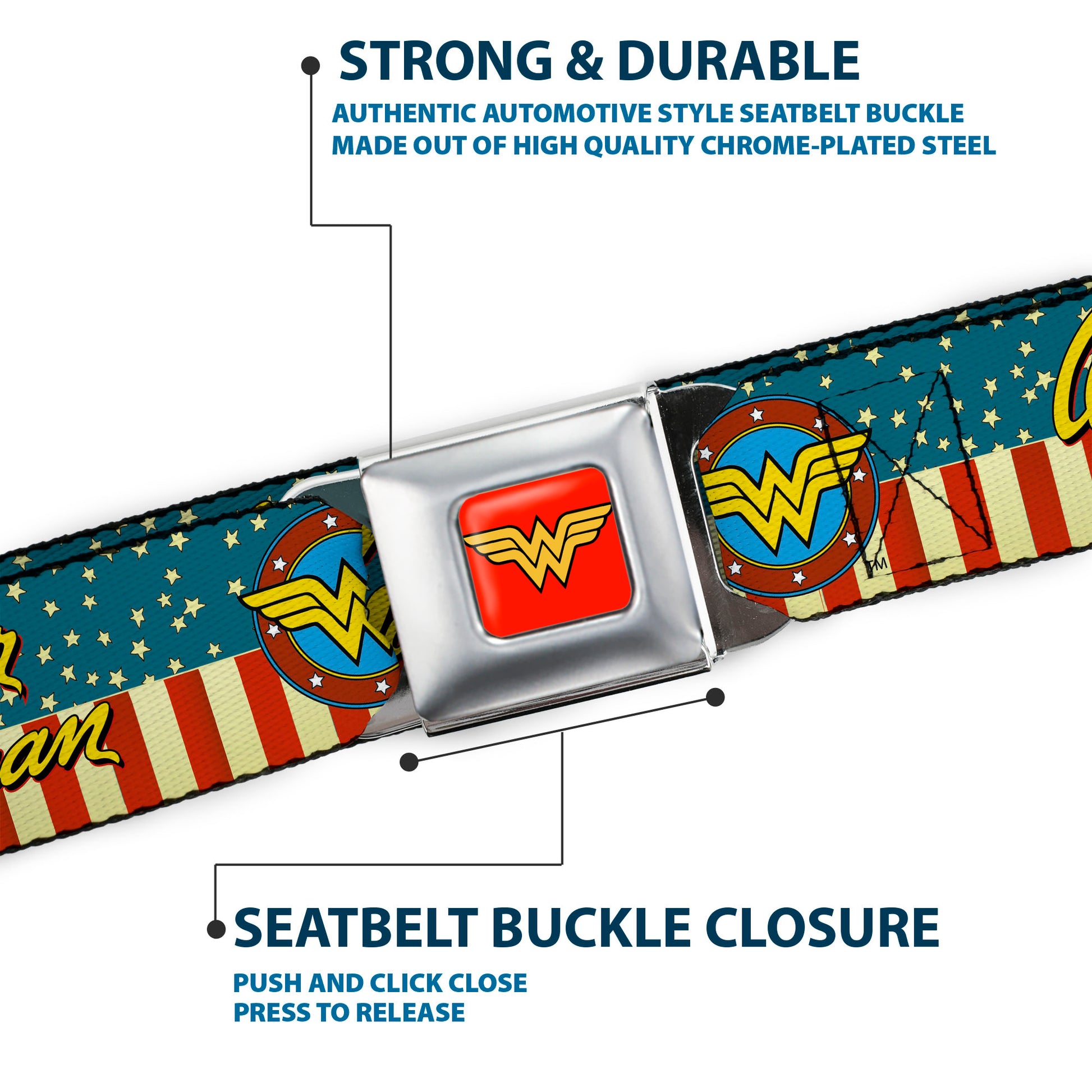 Wonder Woman Logo Full Color Red Seatbelt Belt - WONDER WOMAN/Logo Americana Red/White/Blue/Yellow Webbing Seatbelt Belts DC Comics