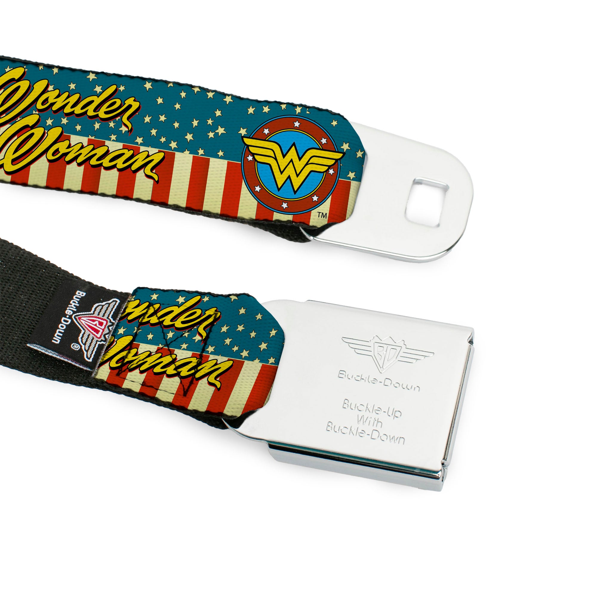 Wonder Woman Logo Full Color Red Seatbelt Belt - WONDER WOMAN/Logo Americana Red/White/Blue/Yellow Webbing Seatbelt Belts DC Comics