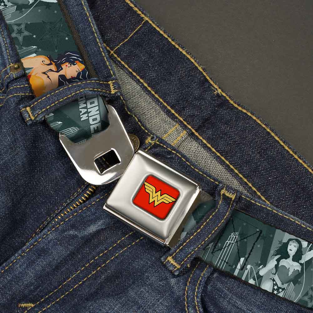 Wonder Woman Logo Full Color Red Seatbelt Belt - WONDER WOMAN 4-Poses Skyline & Stars Blues Webbing Seatbelt Belts DC Comics