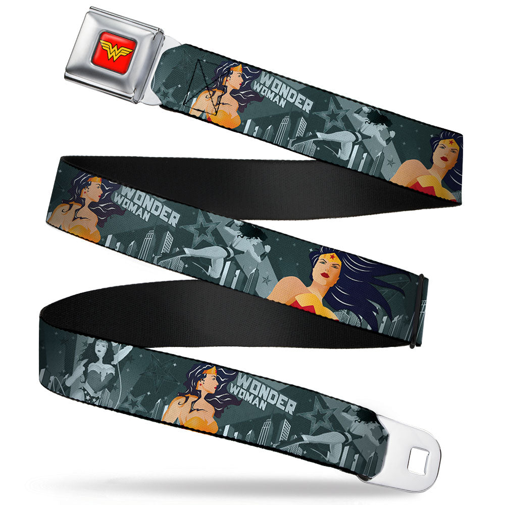 Wonder Woman Logo Full Color Red Seatbelt Belt - WONDER WOMAN 4-Poses Skyline & Stars Blues Webbing Seatbelt Belts DC Comics