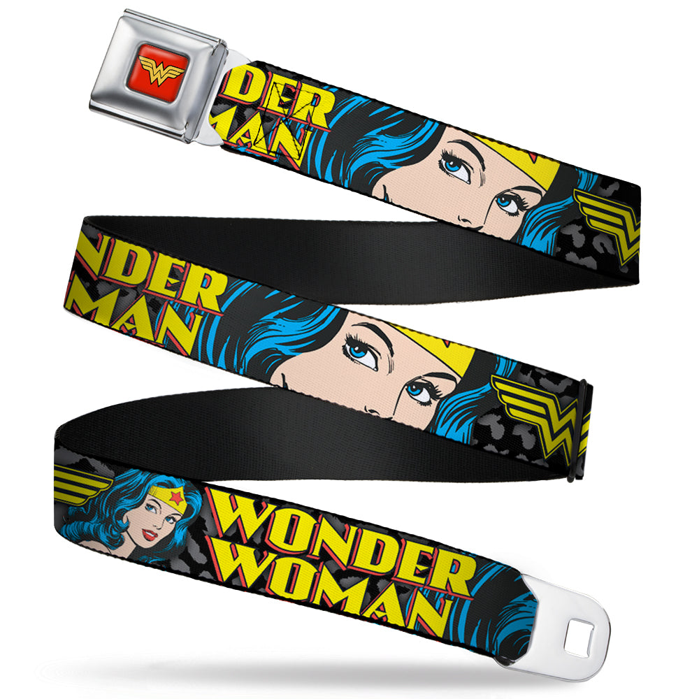 Wonder Woman Logo Full Color Red Seatbelt Belt - WONDER WOMAN w/Face CLOSE-UP Leopard Black/Gray Webbing Seatbelt Belts DC Comics