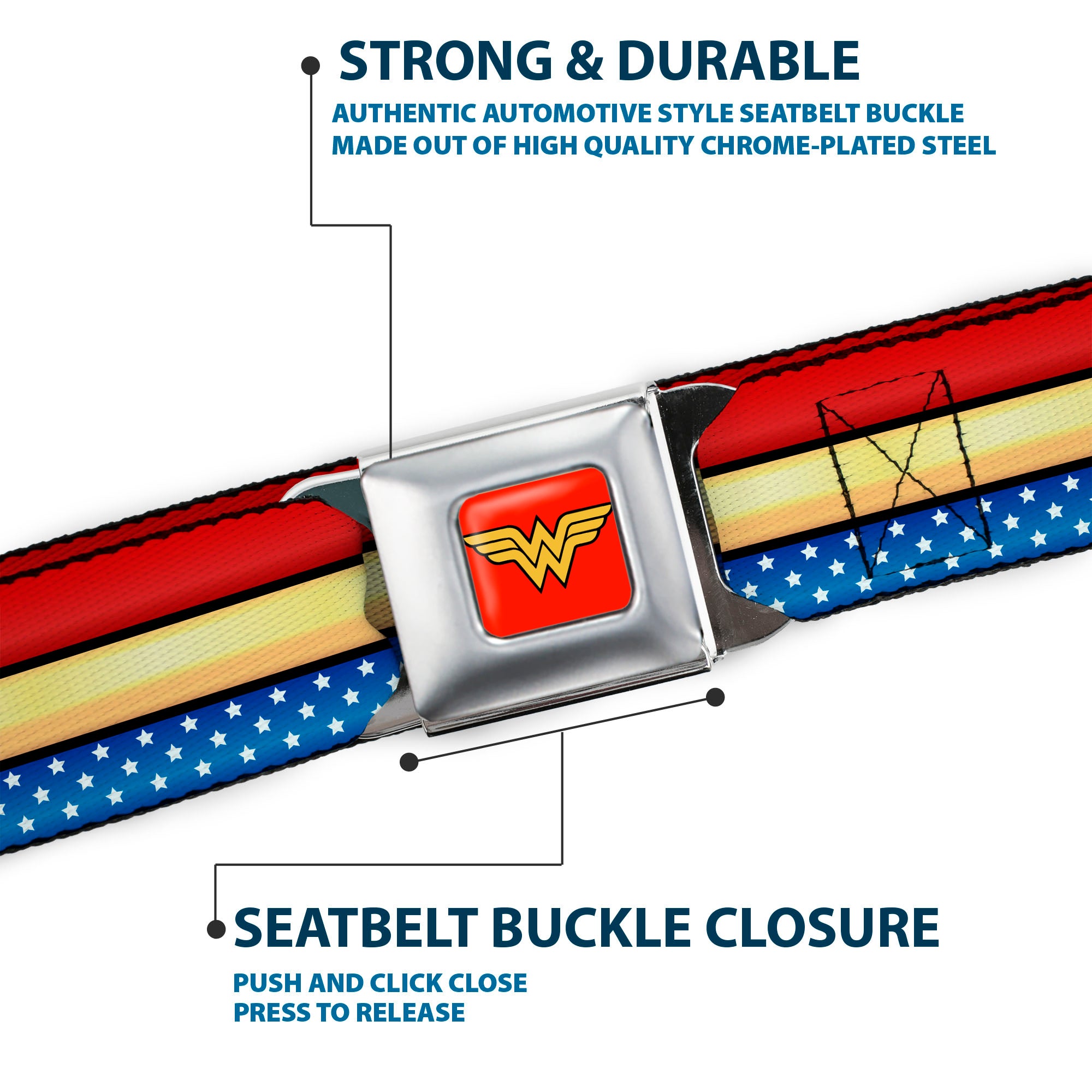 Wonder Woman Logo Full Color Red Seatbelt Belt - Wonder Woman Stripe/Stars Red/Gold/Blue/White Webbing Seatbelt Belts DC Comics
