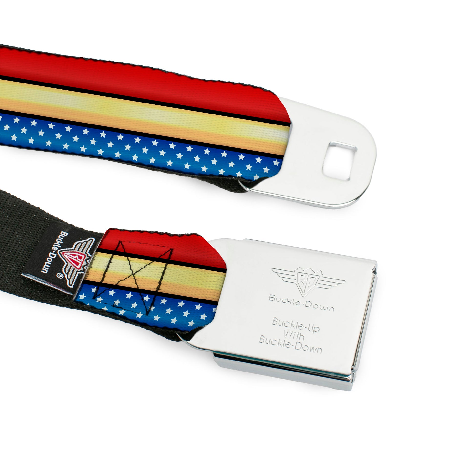 Wonder Woman Logo Full Color Red Seatbelt Belt - Wonder Woman Stripe/Stars Red/Gold/Blue/White Webbing Seatbelt Belts DC Comics