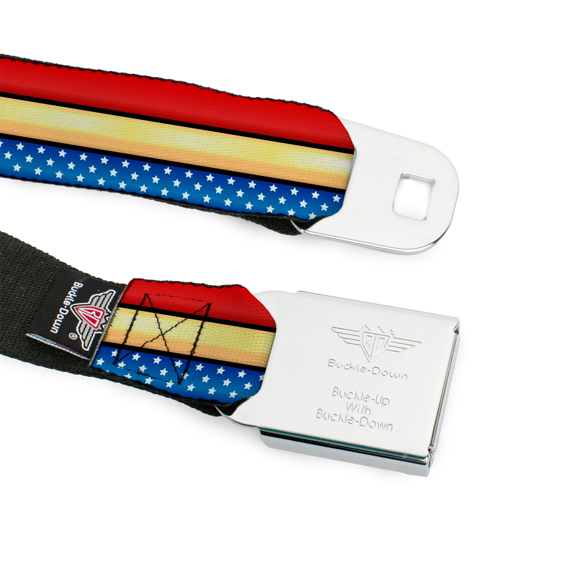 Wonder Woman Logo Full Color Red Seatbelt Belt - Wonder Woman Stripe/Stars Red/Gold/Blue/White Webbing Seatbelt Belts DC Comics