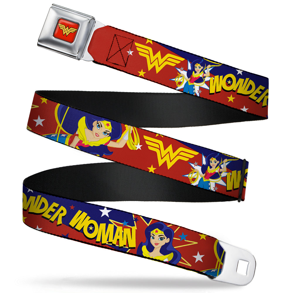Wonder Woman Logo Full Color Red Seatbelt Belt - DC Girls WONDER WOMAN 3-Poses/Logo/Stars Red/Gold/Blues/White Webbing Seatbelt Belts DC Comics