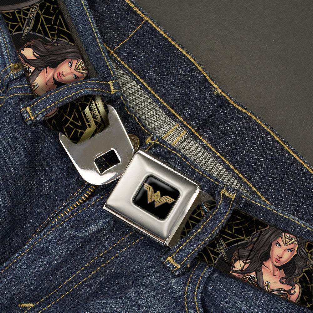 Wonder Woman 2017 Icon Full Color Black/Gold Seatbelt Belt - Wonder Woman 2017 Icon/3-Sketch Poses Black/Gold Webbing Seatbelt Belts DC Comics