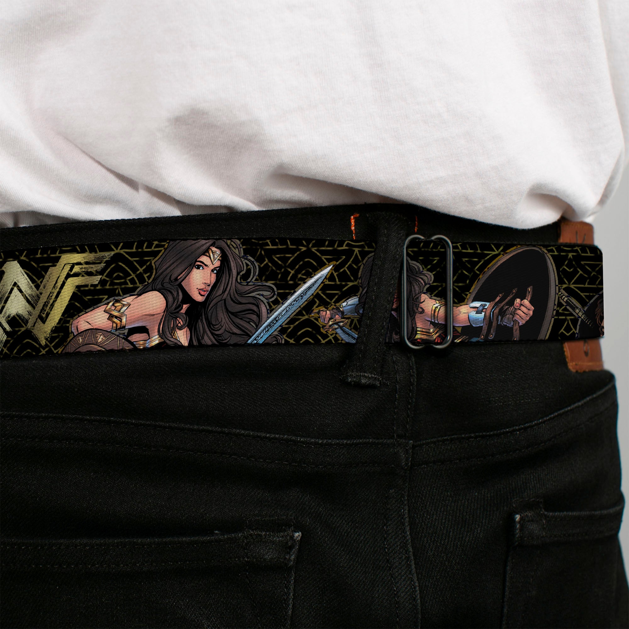 Wonder Woman 2017 Icon Full Color Black/Gold Seatbelt Belt - Wonder Woman 2017 Icon/3-Sketch Poses Black/Gold Webbing Seatbelt Belts DC Comics